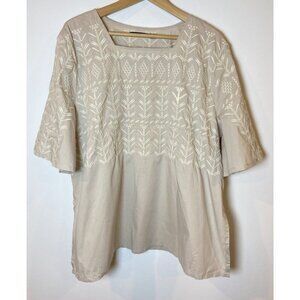 Gundrun Sjoden Shirt Blouse Tan Cream Embroidery Organic Cotton Bell Sleeve XL